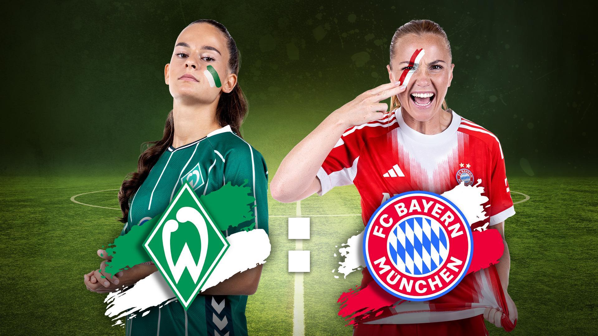 Werbegrafik mit Spielerinnen von SV Werder Bremen und FC Bayern München mit Vereinslogos.